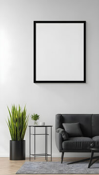 Picture frame on a wall black frame blank mockup. interior design