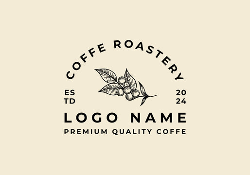 Logo Branch of coffee tree. Handrawn, vintage, old, boho logo design. Editable color