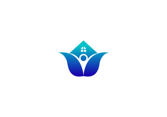 Fototapeta premium Logo House and Lotus flower with People. Hospital, health, healthcare, people, logo design. Editable color