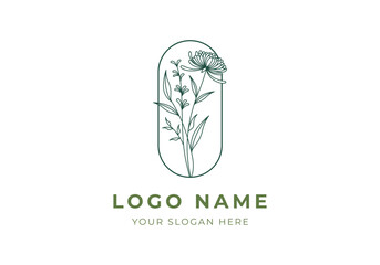 Logo Line Dandelion Flower with rounded border. Line art, boho, floral, classic, logo design, editable color