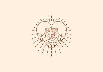 Logo Line Open Hand Looking Up or Asking or Pray With Rose Flower concept, Rose, Botanical Logo Concept. Boho, Line, handrawn logo design, editable color