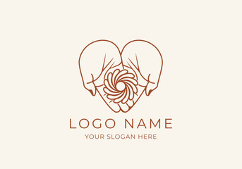 Logo Line Open Hand Looking Up or Asking or Pray With Spiral concept, Hole, Spiral Logo Concept. Boho, Line, handrawn logo design, editable color - obrazy, fototapety, plakaty