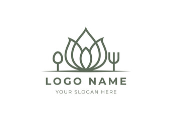 Fototapeta premium Logo Lotus Flower with Spoon and Fork. Modern and Minimalist Logo Design. Food and Restaurant Concept. Editable color