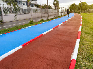 Blue bike path and red running path run side by side through a public park