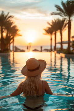 Blonde woman in a wide brim hat and black one piece swimsuit dipping feet into shimmering hotel pool lined with palm trees as the sun sets. --ar 2:3 --v 6 Job ID: 2dae9a9d-d3f1-41b8-a187-49ced0985e9e