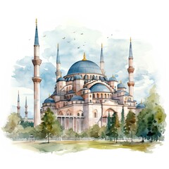Fototapeta na wymiar Mosque on white, watercolor illustration generated with AI. Architecture. 