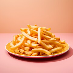 Plate with french fries on pink background, photo generated with AI . Junk food banner design