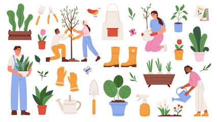 Gardening set with people, tools and plants