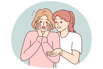 Woman shares gossip with friend by telling stories she read in tabloids or Internet. Girl is surprised to open mouth wide when she hears unexpected facts or sees attractive guy. Flat vector image