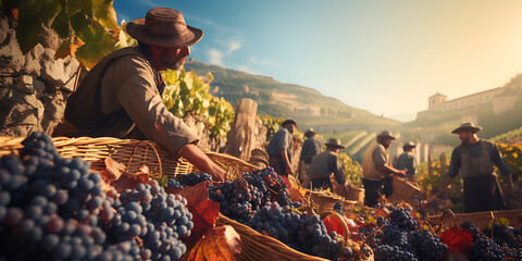 Vineyard workers harvesting white wine grapes on terraced vineyard