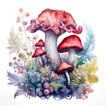 Fly agaric mushrooms, watercolor illustration, AI generation. Mushrooms