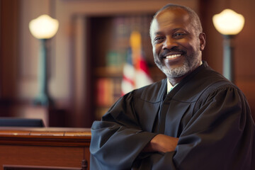 Smiling African American defense attorney standing arms crossed wearing judge's robe, looking straight into camera with eyebrows raised. - obrazy, fototapety, plakaty