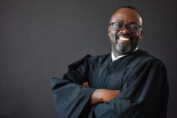 Smiling African American defense attorney standing arms crossed wearing judge's robe, looking straight into camera with eyebrows raised. - obrazy, fototapety, plakaty