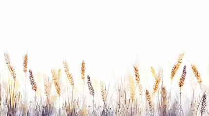 Minimalist elegant watercolor composition of wheat ripe ear. Light background. Aesthetic template. Generative AI - obrazy, fototapety, plakaty