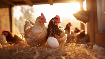 Chickens lay eggs in the coop on the farm at sunset. Poultry farming in rural areas.