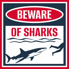 Beware of Sharks sign - fish and swimming person