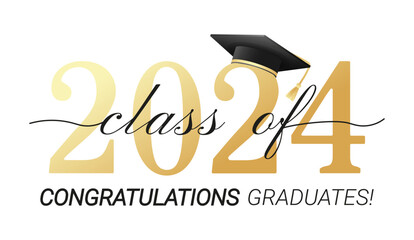 Class of 2024. Congratulations graduates with black and gold design isolated on white background for banner, greeting card, stamp, logo, print, invitation.Graduation event concept. Vector illustration