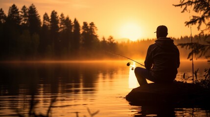 A young man is fishing on the lake at sunset. Summer, Hobbies and leisure concepts.