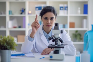 researcher in lab coat with finger up, microscope on desk