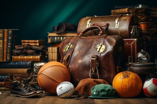 Vintage still life with old suitcase, baseball, basketball, rugby ball, hat and other items.