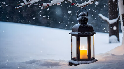  candlelight lantern decoration on snowy winter landscape with snow flakes falling during winter