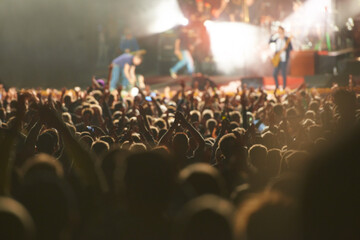 Crowd, live concert and stage with dancing audience as music festival for entertainment,...