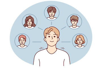 Young guy thinks about college friends and wants to meet or have party together. Faces of boys and girls of high school students near student with smile remembering classmates. Flat vector image