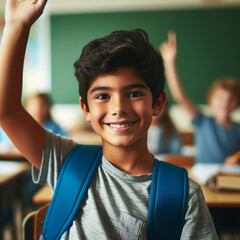 brunette boy smiling and raising his hand in his classroom