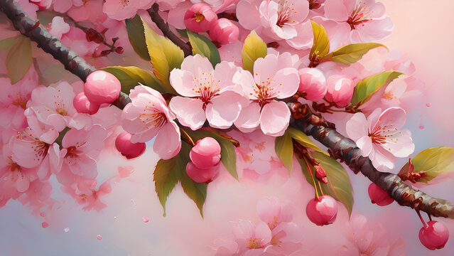 a painting of a branch with pink flowers fresh pink soft spring cherry tree blossoms.