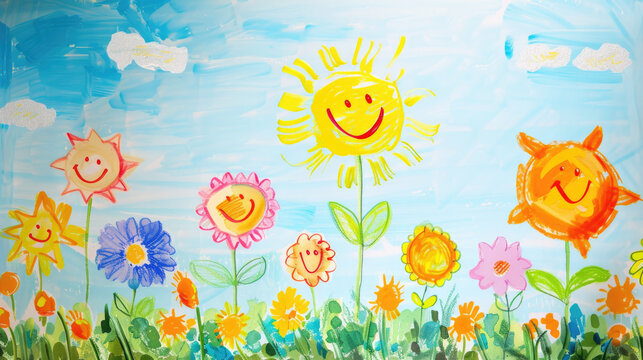 flower on a white background, drawing painted with crayon, smiley flower, sunflower on white background