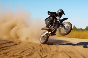 biker doing wheelie on dirt track, dust cloud behind - obrazy, fototapety, plakaty