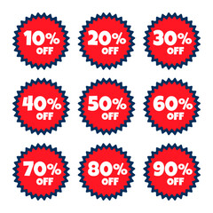 Special offer sale red and blue round tags set. Price labels for advertising campaign in retail. 10%,20%,30%,40%,50%,60%,70%,80%,90% off discount stickers.