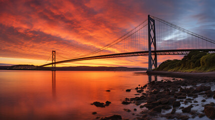 Fototapeta na wymiar Forth Road Bridge and Forth Bridge at sunset.