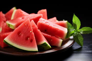 Slices of watermelon on dark wooden table, closeup