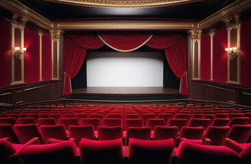 Fototapeta premium A view of luxurious theater in aged paper background. Theater scene and seat. Wide shot of an Empty Elegant Classic Theatre. old retro vintage provincial theater. Red curtain of a classical theater