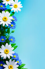 blue and white spring flowers on the left on a blue background, on the right there is space for text,