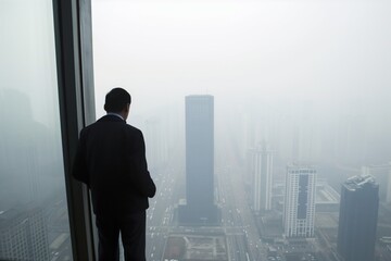 Fototapeta premium office worker looking at the hazy view from skyscraper