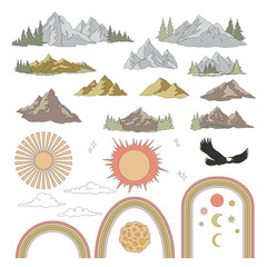 Retro groovy wild nature mountains landscape sky celestial objects vector illustration set isolated on white. Mountain hill peak rocks bald eagle sun clouds rainbow moon stars print collection. Happy - obrazy, fototapety, plakaty