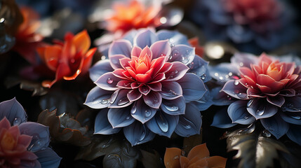 Detailed view of a cluster of flowers with water droplets adorning their petals. Generative AI. - Powered by Adobe