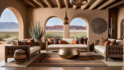 interior design,living room,Southwestern: Earthy tones, natural materials, tribal patterns, and rustic accents for a warm, desert-inspired vibe, Generative AI