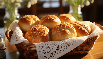 Freshly baked bread on wooden table, perfect picnic snack generated by AI