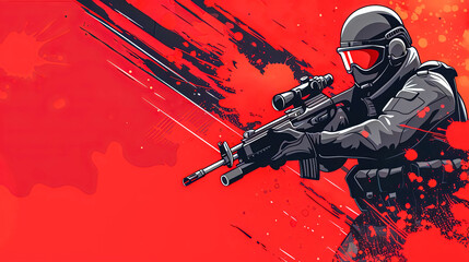 Sniper Soldier in Tactical Gear with Scoped Rifle on Red Artistic Background
