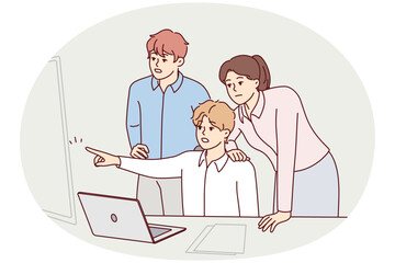 Teenage boy with afraid face points finger at window drawing attention parents to threatening person. Man and woman are standing near frightened son sitting at table with laptop. Flat vector design