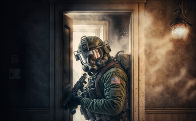 A soldier in a gas mask and a gas mask is standing in a doorway
