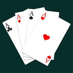 Set of playing cards isolated four poker game objects isolated on background. Hearts, spades, diamonds, clubs cards sign. Poker, gambling concept. Template for casino, web design. 