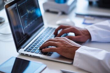 closeup of hands typing stem cell research findings on a laptop