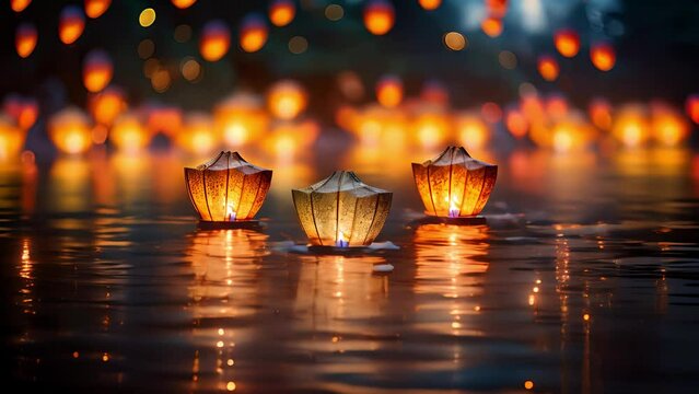 Paper lanterns float on dark water. Traditional Floating Lantern Festival, Memorial Day, loop