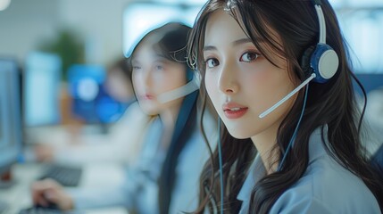 Asian young woman call center operator wearing headphones with a microphone