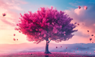 fantasy spring landscape with beautiful pink sakura tree in bloom - 734976432