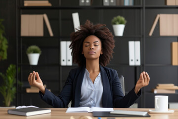 Business woman, corporate company worker, secretary or financial accountant doing stress relieving practices at work. Beautiful relaxed African American girl sitting at office desk and meditating - obrazy, fototapety, plakaty